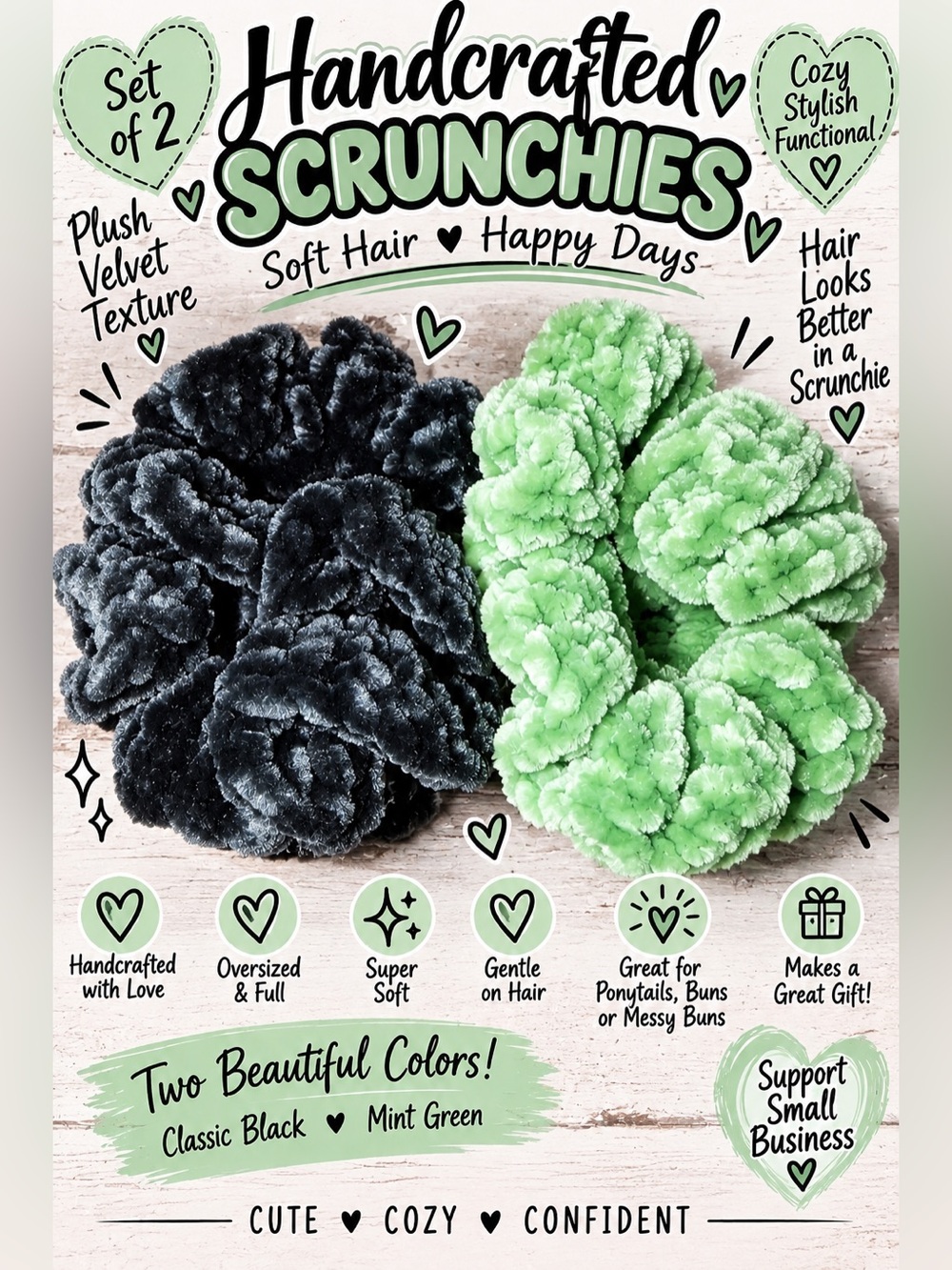 Handcrafted Plush Velvet Scrunchies Set of 2 Black & Mint Green Oversized